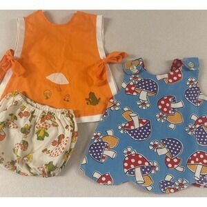 Vtg 1970's Girls Dress Mushrooms Groovy Frogs Orange Apron Toddler Retro Floral